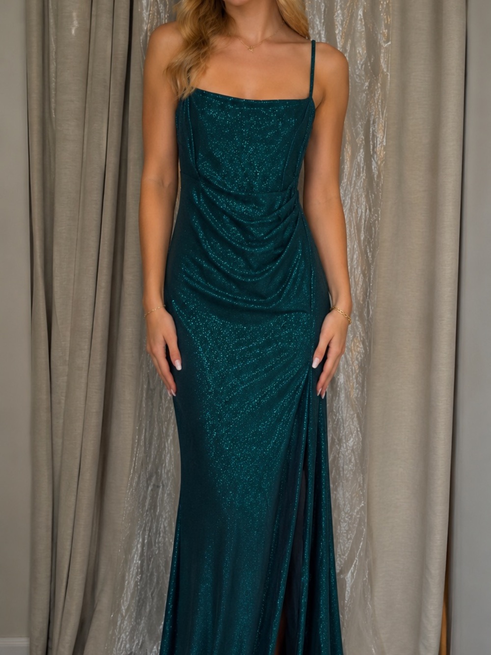 Emerald Green Sparkle Cowl Neck Evening Dress
